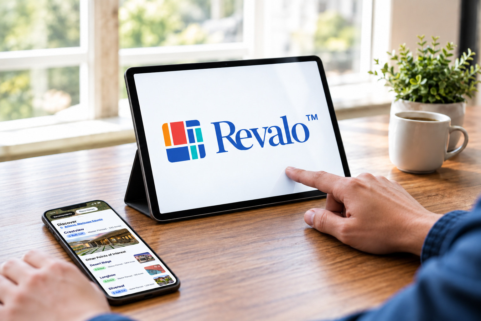 Person using a tablet showing the Revalo logo, with the Revalo app open on a phone beside it